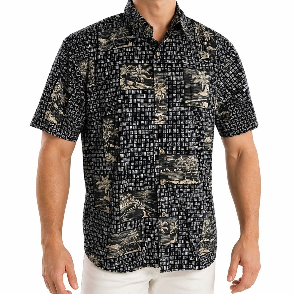 Cooke Street Hawaiian Aloha Shirt Large Tribal Symbols Palms‎ Reverse Print